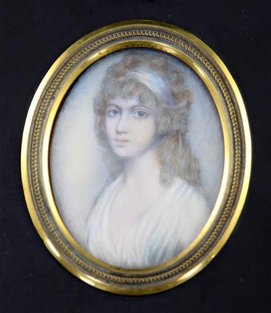 After Alexis Judlin Miniature of a young lady, 3 x 2.25in.